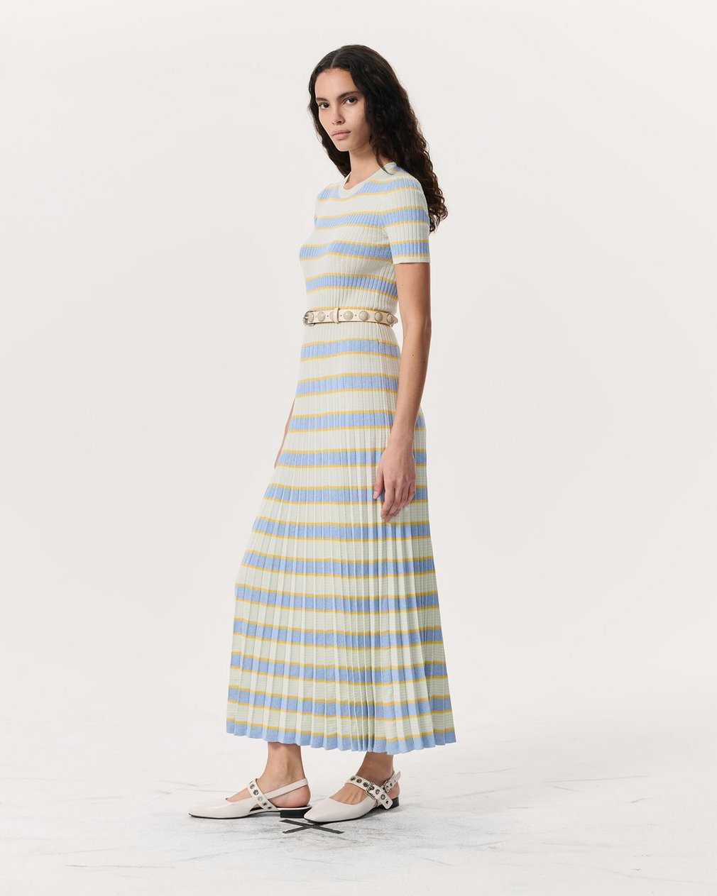Eloise Striped Rib-Knit Pleated Midi Dress - Green Multi
