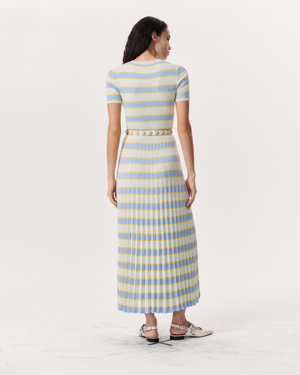 Eloise Striped Rib-Knit Pleated Midi Dress - Green Multi