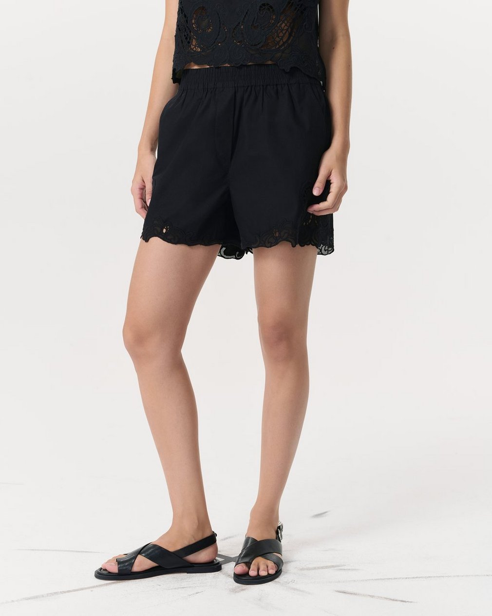 Emma Lace-Trim Poplin Shorts - Black