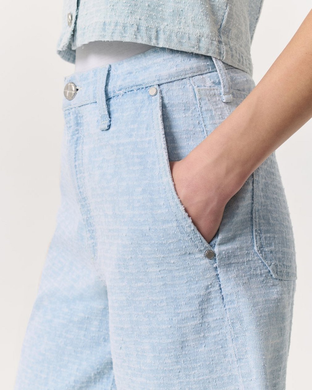 Tailored McKenna Textured Denim Shorts - Sky Blue Tweed