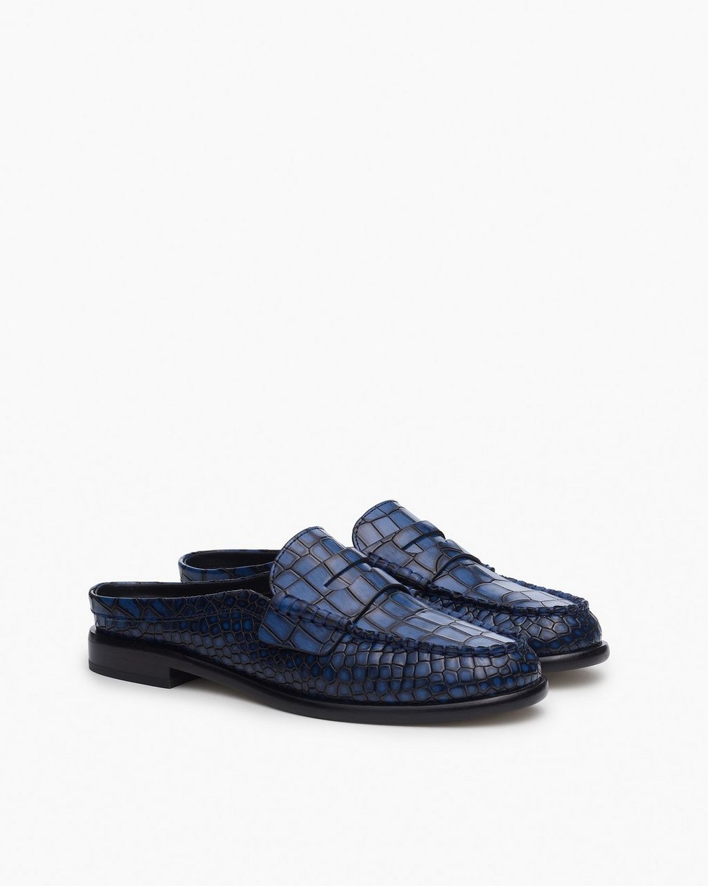 Carter Embossed Leather Mules - Indigo Croc