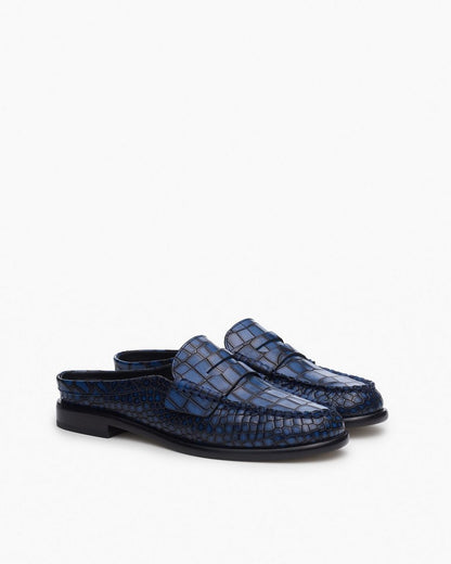 Carter Embossed Leather Mules - Indigo Croc