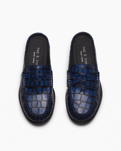 Carter Embossed Leather Mules - Indigo Croc