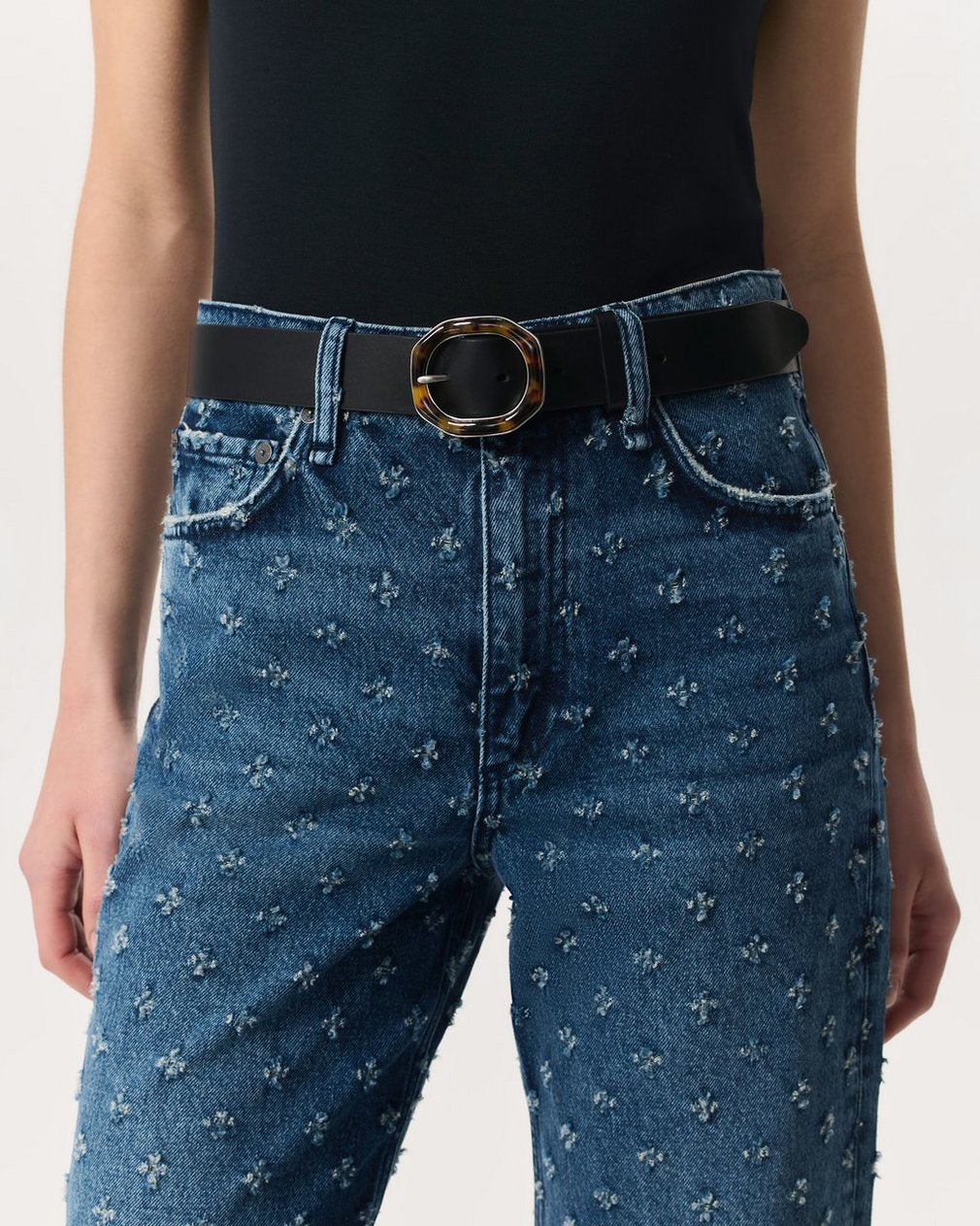 Audrey Tortoiseshell-Buckle Leather Belt - Black Tortoise