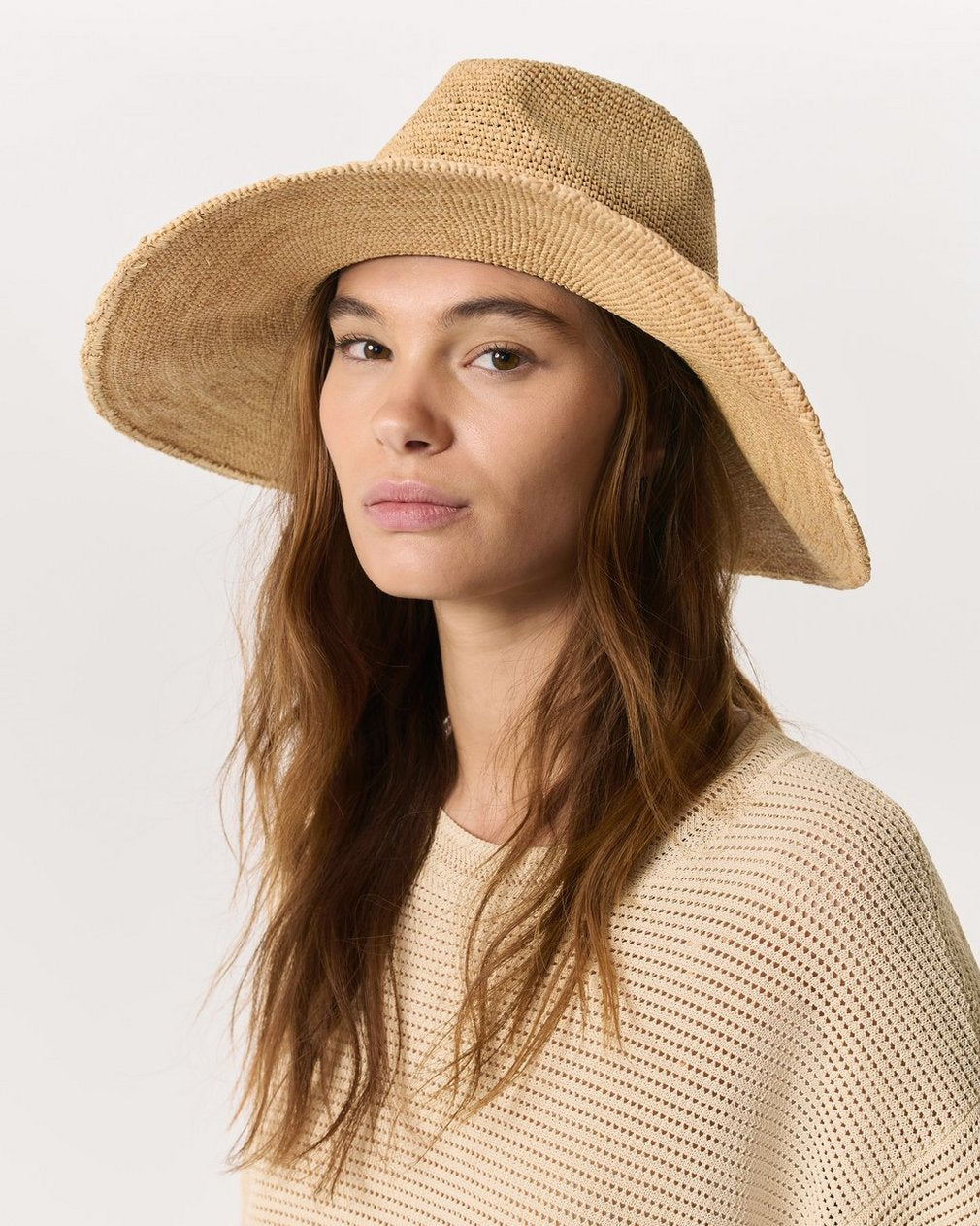 Leather-Trimmed Wide-Brim Raffia Hat - Natural