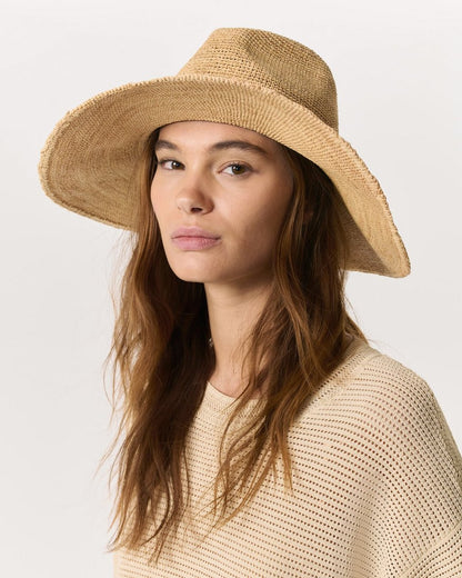 Leather-Trimmed Wide-Brim Raffia Hat - Natural