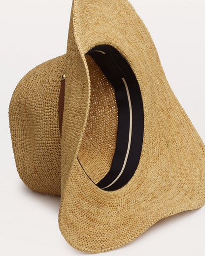 Leather-Trimmed Wide-Brim Raffia Hat - Natural