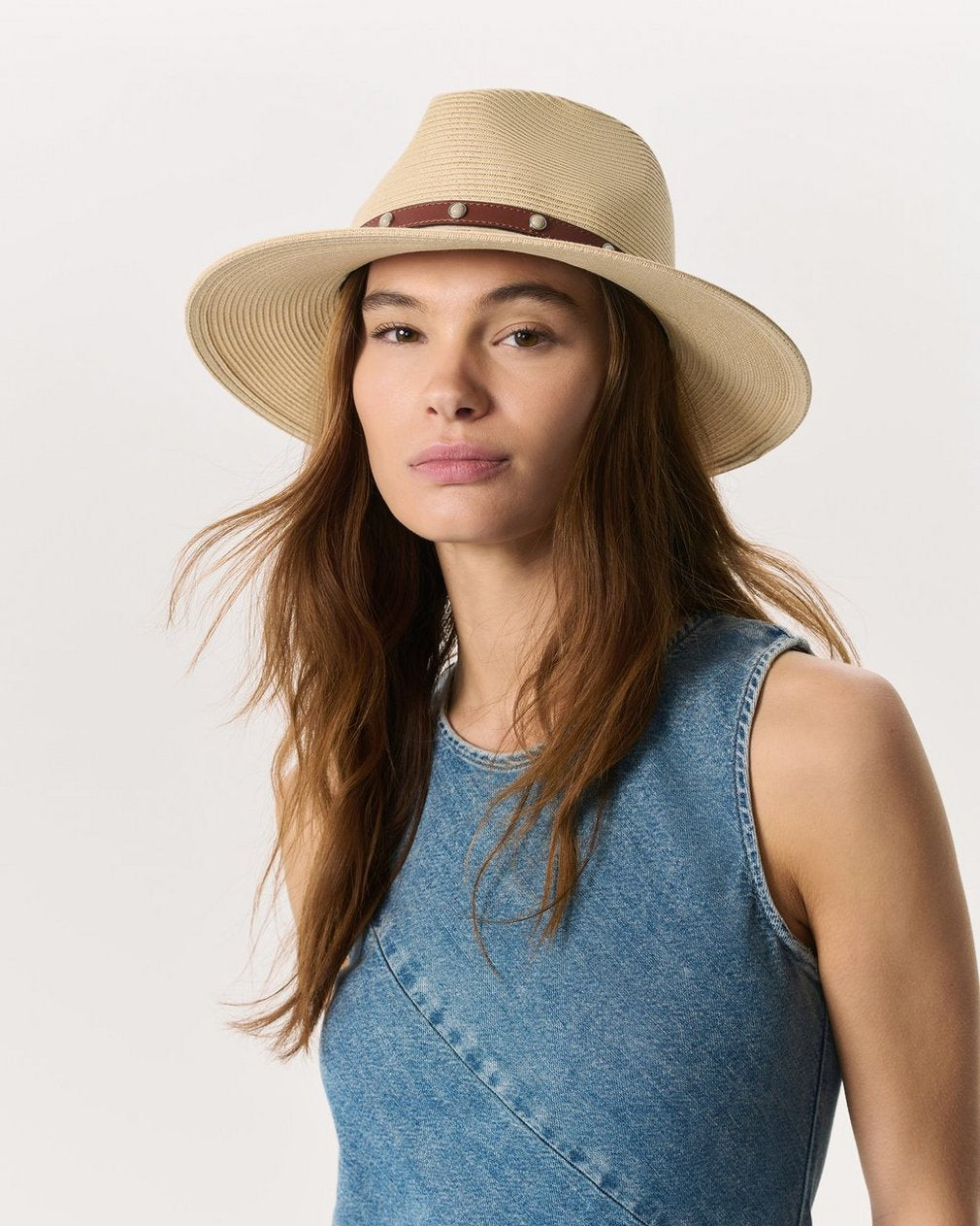 Cabochon-Studded Packable Straw Fedora - Natural
