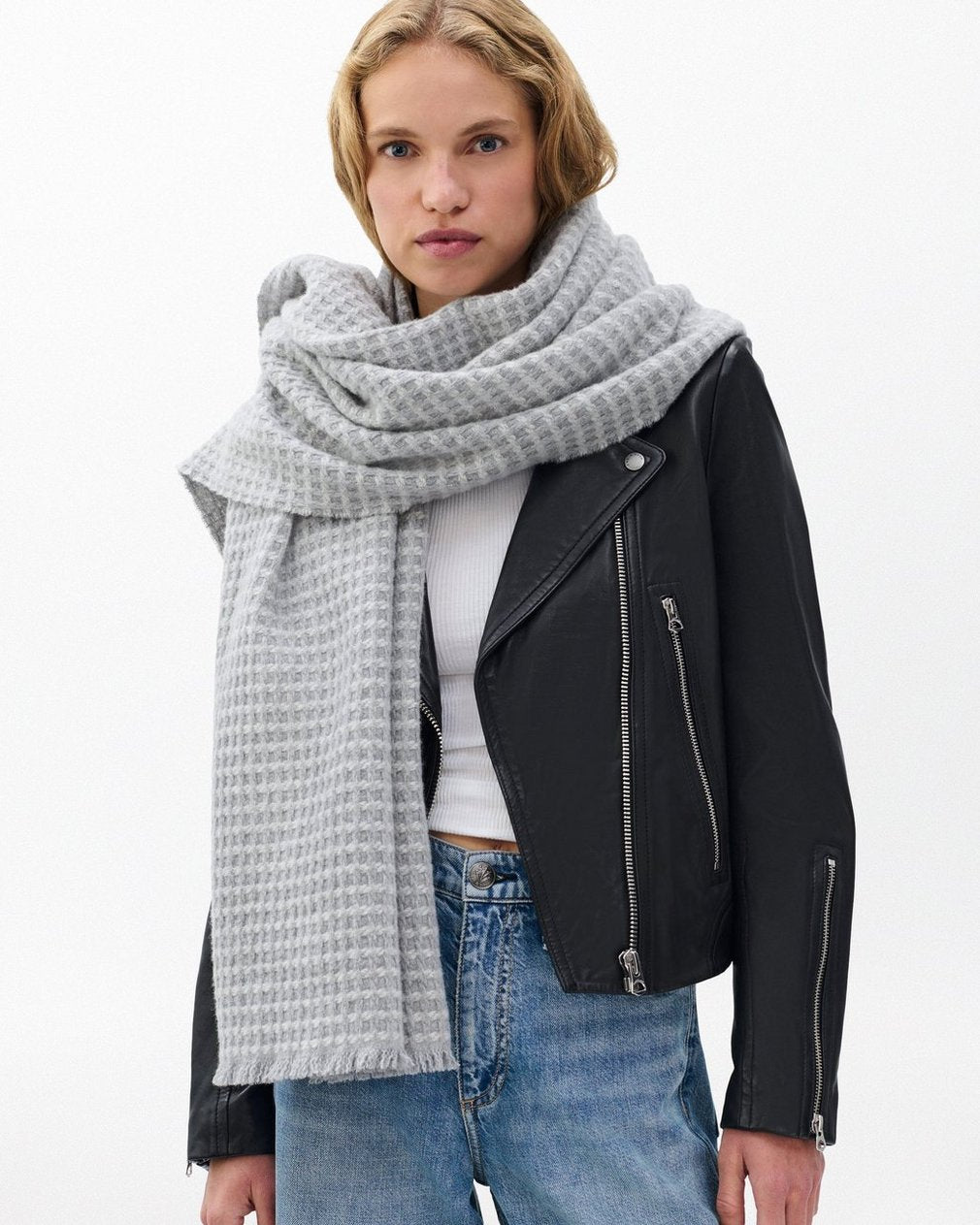Joni Waffle-Knit Wool Scarf - Grey