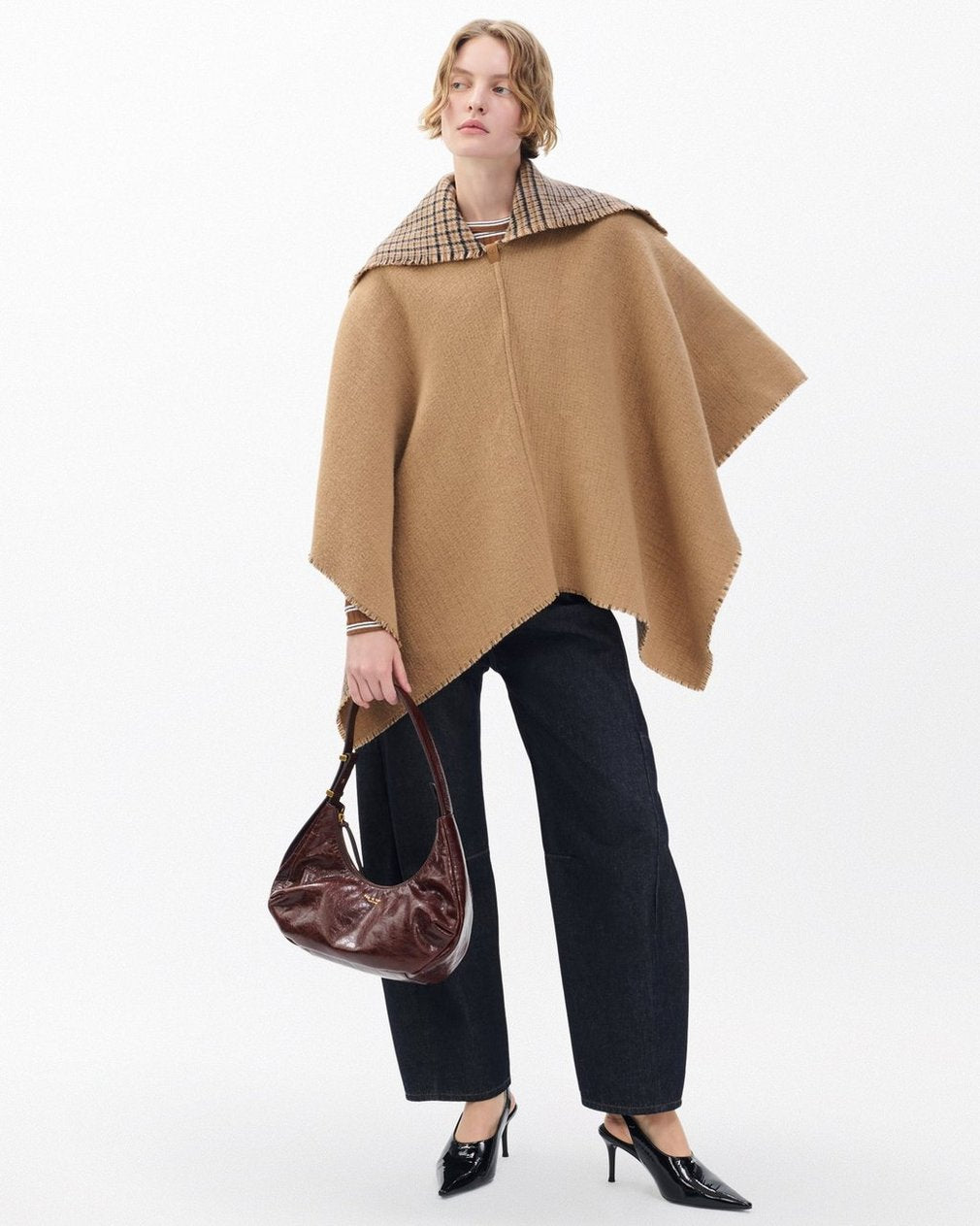 Wendy Reversible Cowl Poncho - Camel Plaid