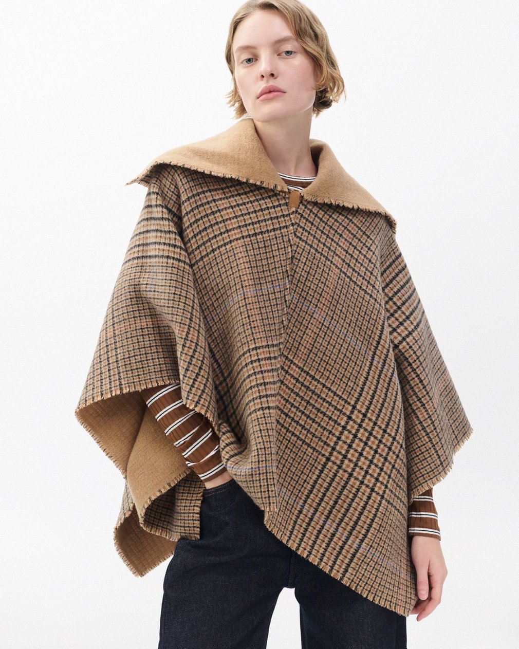 Wendy Reversible Cowl Poncho - Camel Plaid