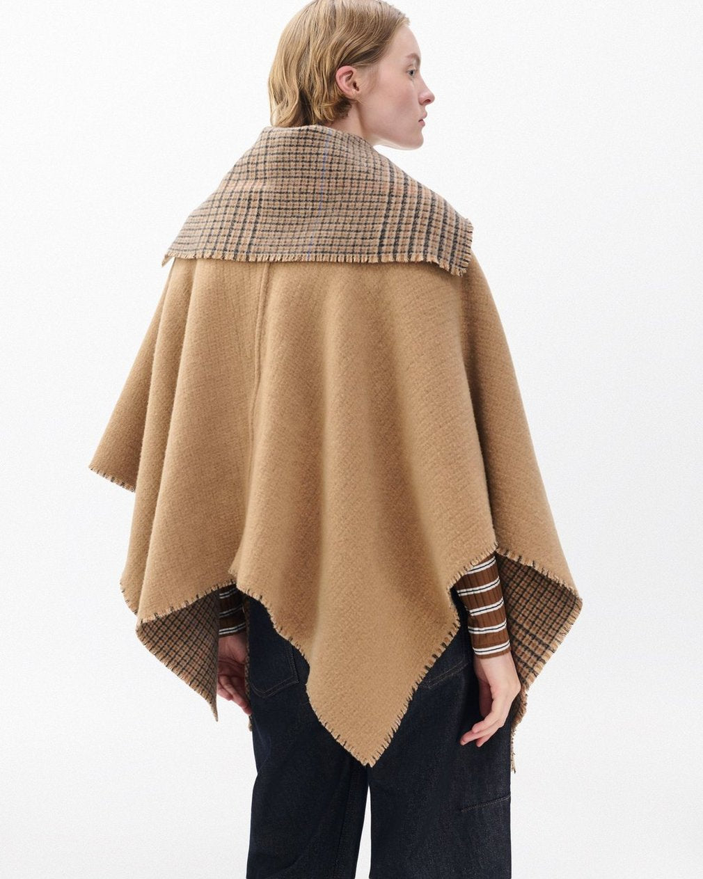 Wendy Reversible Cowl Poncho - Camel Plaid