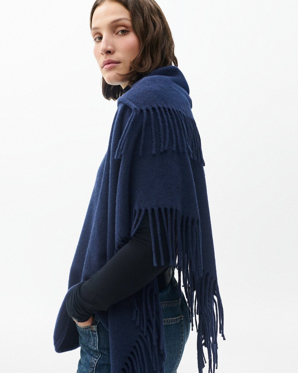 Darcey Italian Wool Cowl Poncho - Navy