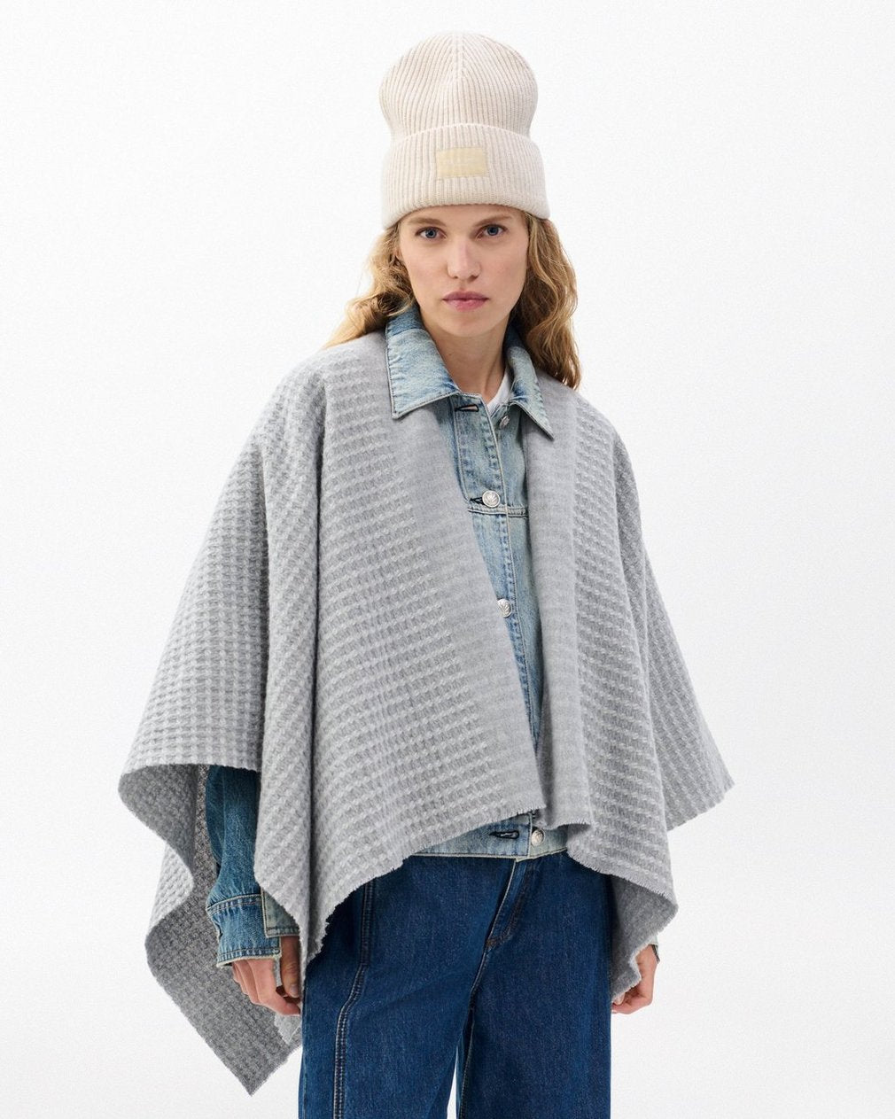 Joni Waffle-Knit Wool Poncho - Grey