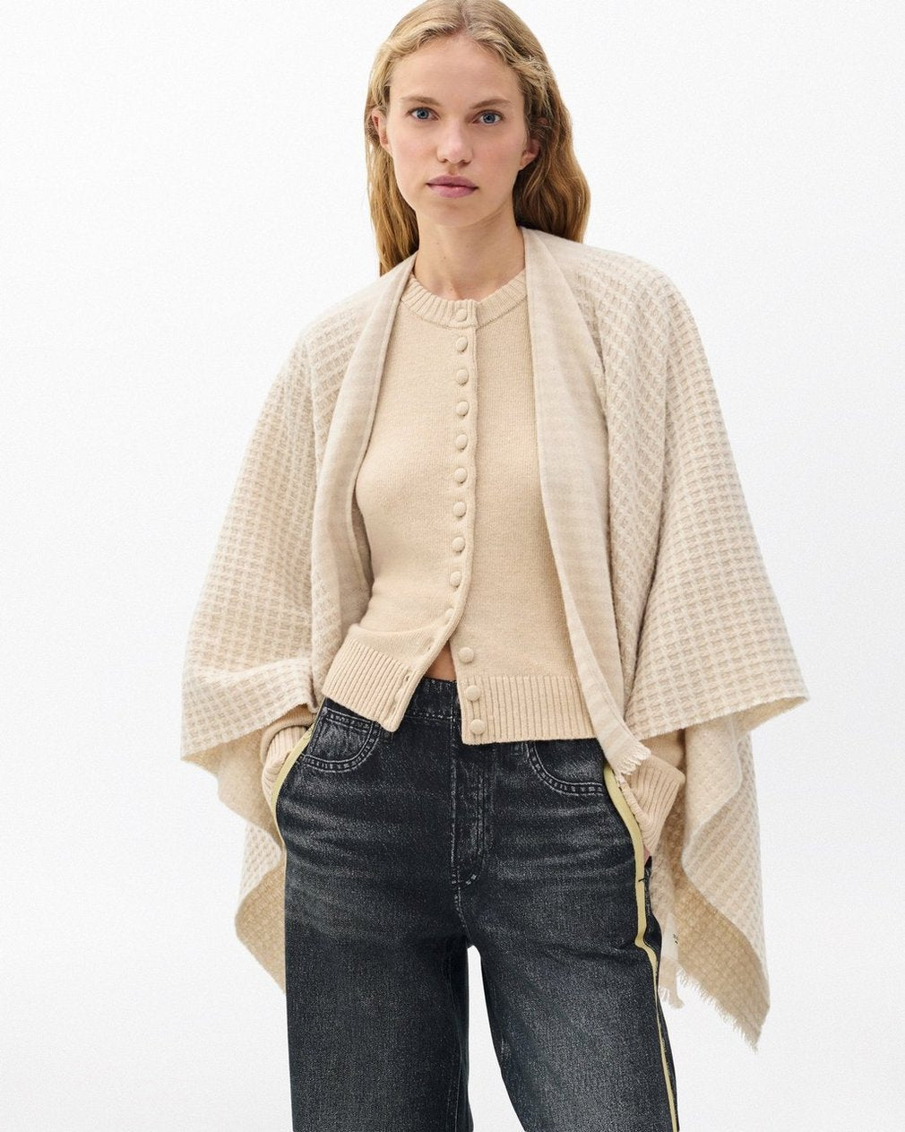 Joni Waffle-Knit Wool Poncho - Oatmeal