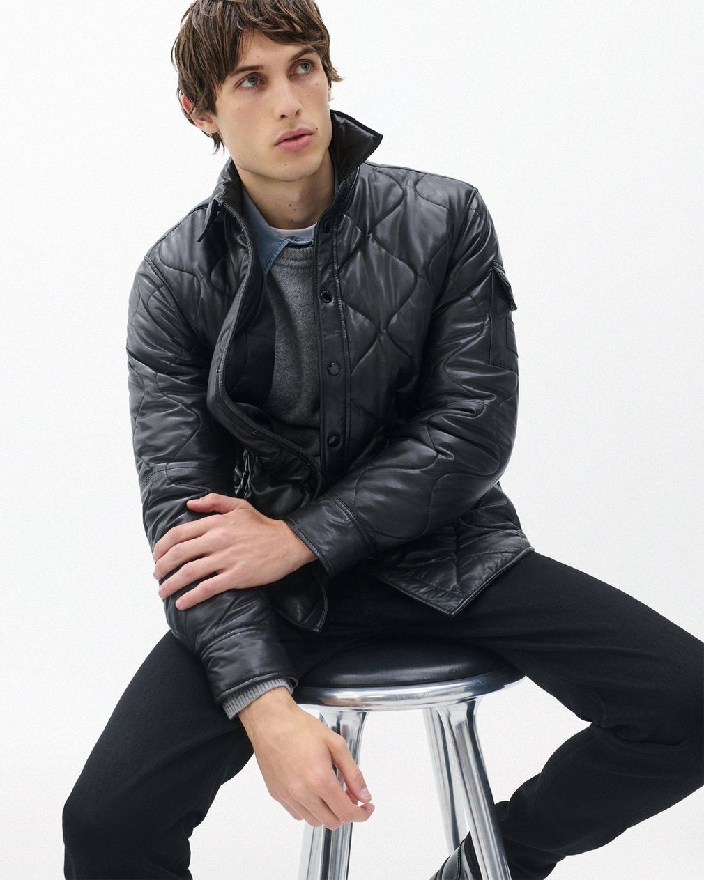 Dane Leather Quilted Shirt Jacket - Black