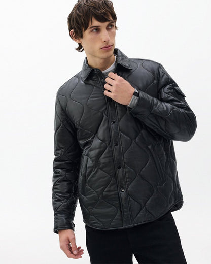 Dane Leather Quilted Shirt Jacket - Black