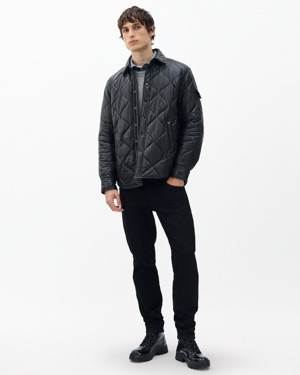 Dane Leather Quilted Shirt Jacket - Black
