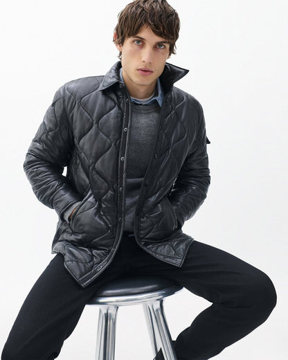 Dane Leather Quilted Shirt Jacket - Black