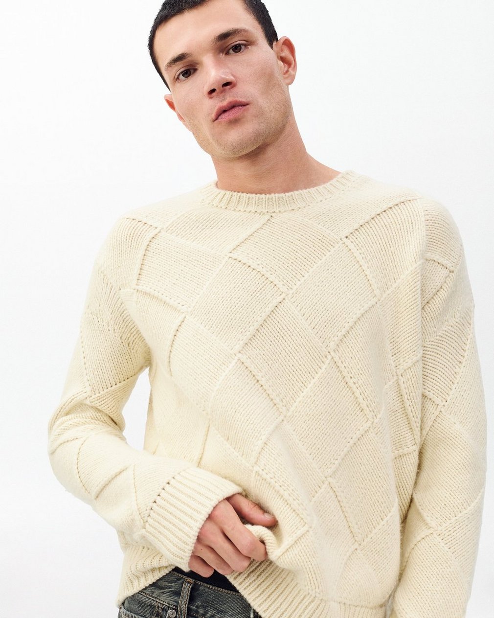 Hand-Knit Entrelac Wool Sweater - Ivory