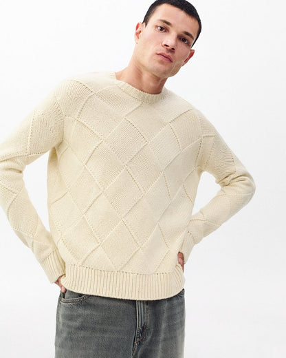 Hand-Knit Entrelac Wool Sweater - Ivory