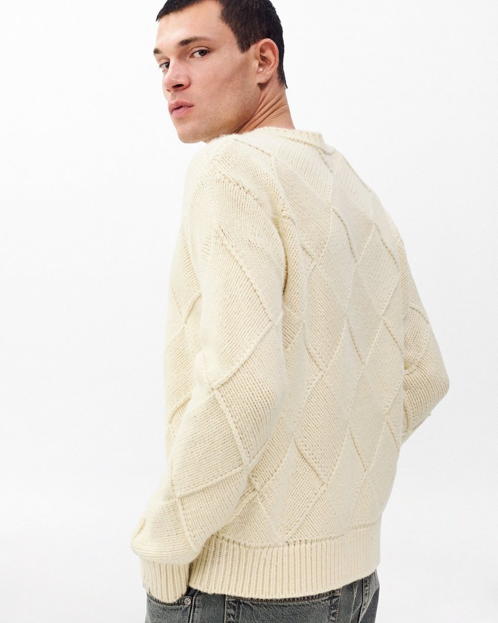 Hand-Knit Entrelac Wool Sweater - Ivory