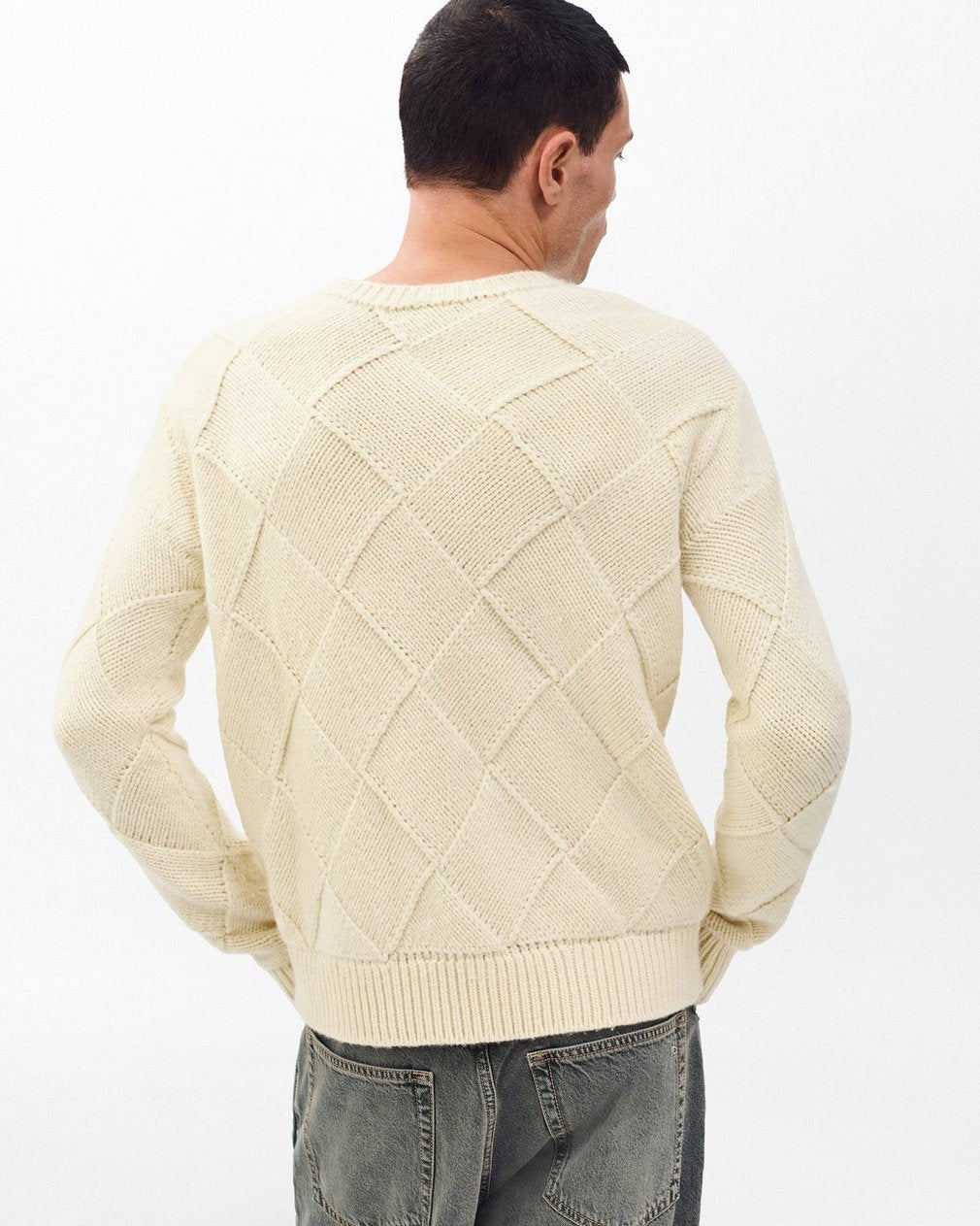 Hand-Knit Entrelac Wool Sweater - Ivory