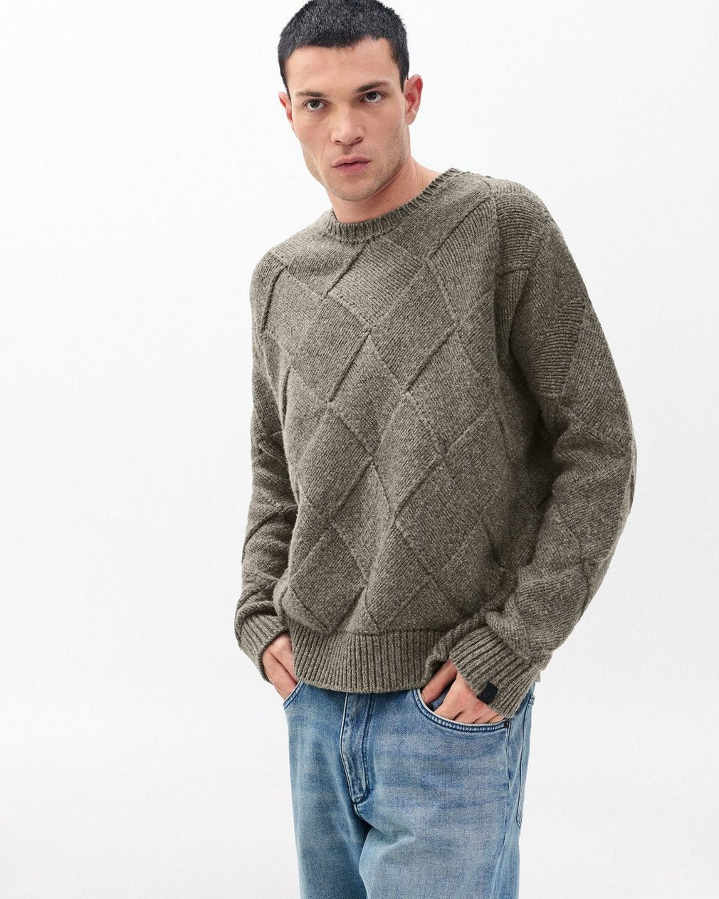 Hand-Knit Entrelac Wool Sweater - Charcoal