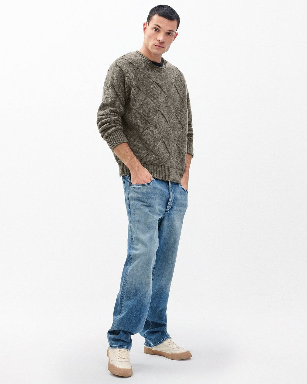 Hand-Knit Entrelac Wool Sweater - Charcoal