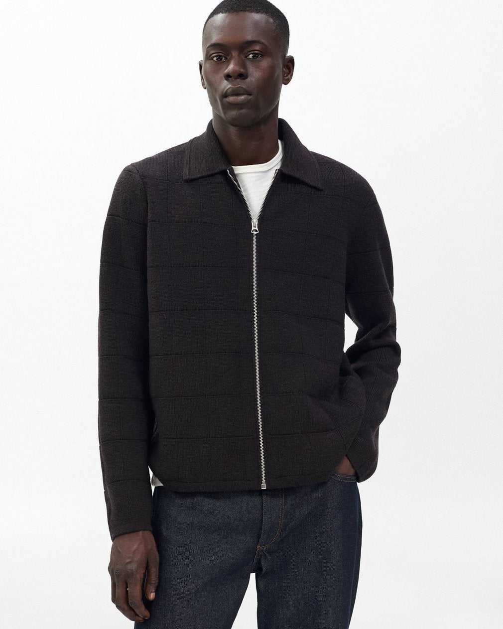 Melrose Full-Zip Windowpane Wool Sweater - Brown