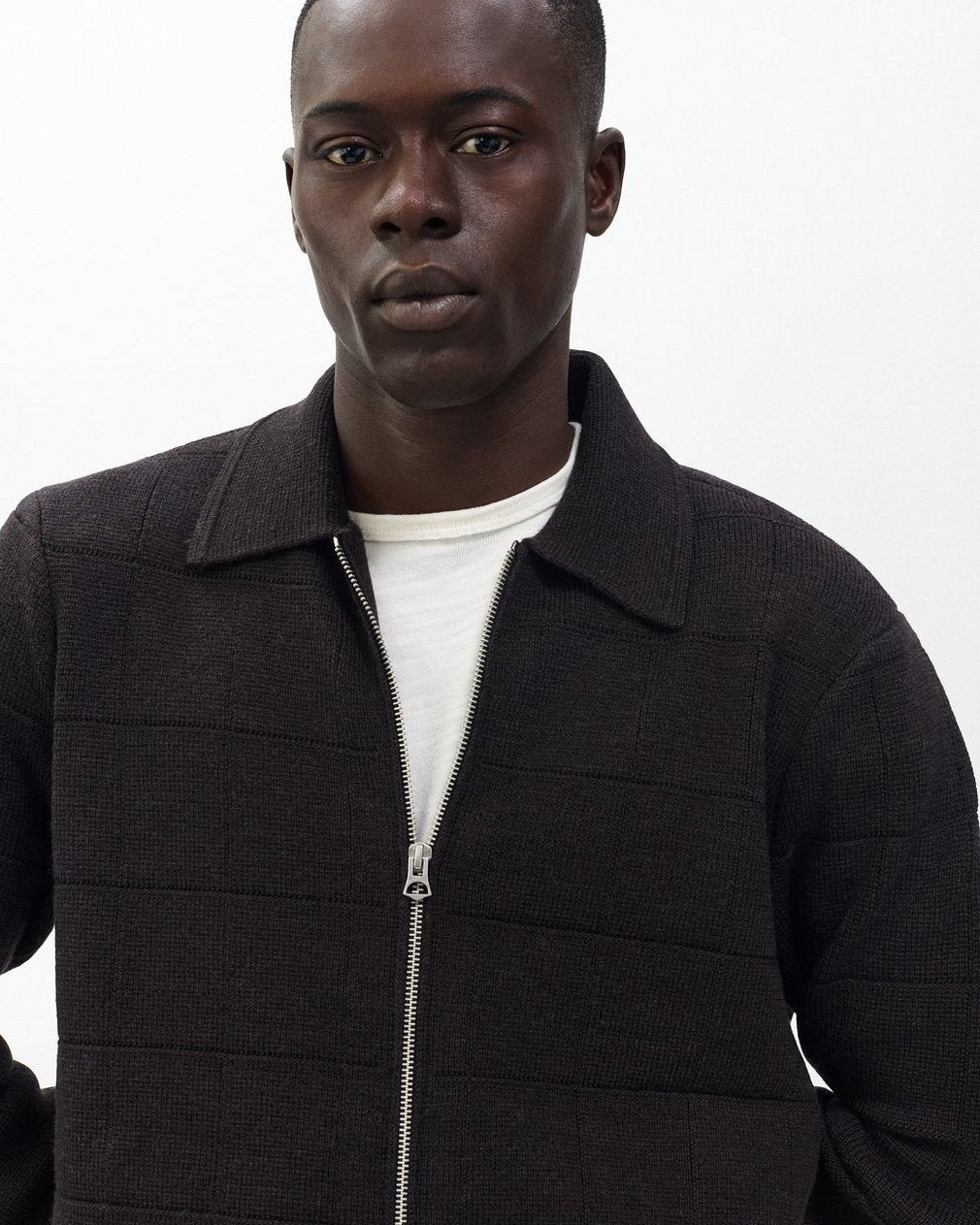 Melrose Full-Zip Windowpane Wool Sweater - Brown