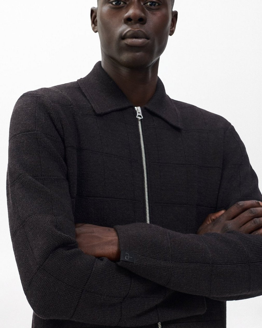 Melrose Full-Zip Windowpane Wool Sweater - Brown
