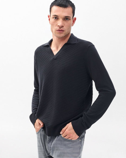 Charles Johnny Collar Wool Polo - Washed Black