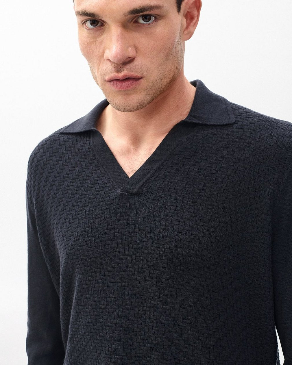 Charles Johnny Collar Wool Polo - Washed Black