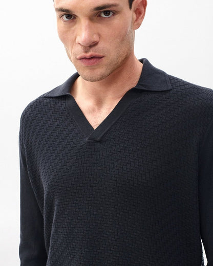 Charles Johnny Collar Wool Polo - Washed Black