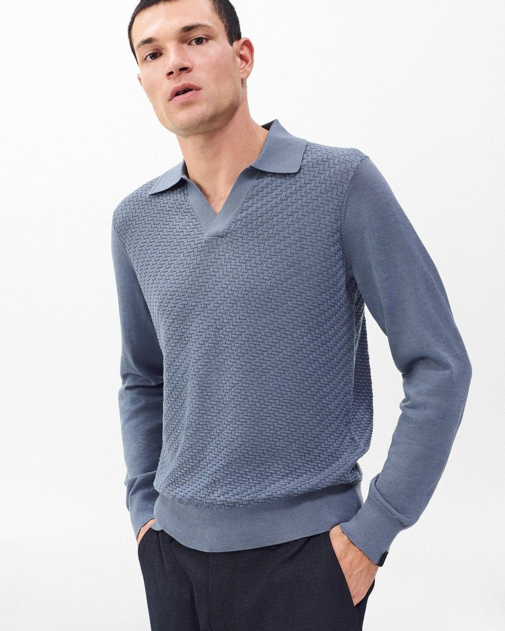 Charles Johnny Collar Wool Polo - Blue