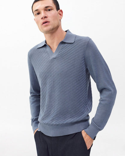 Charles Johnny Collar Wool Polo - Blue