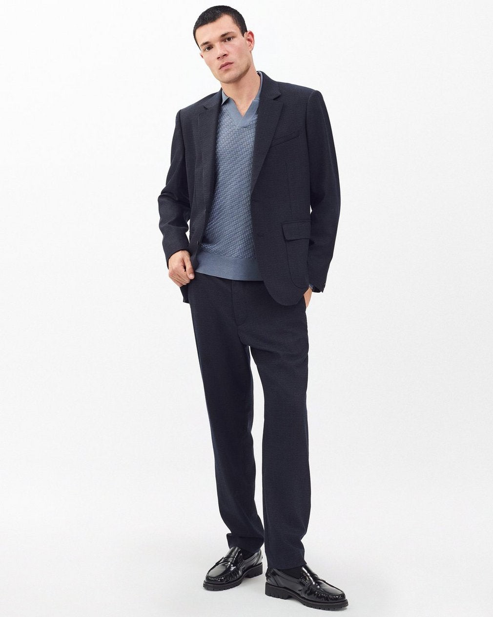 Charles Johnny Collar Wool Polo - Blue