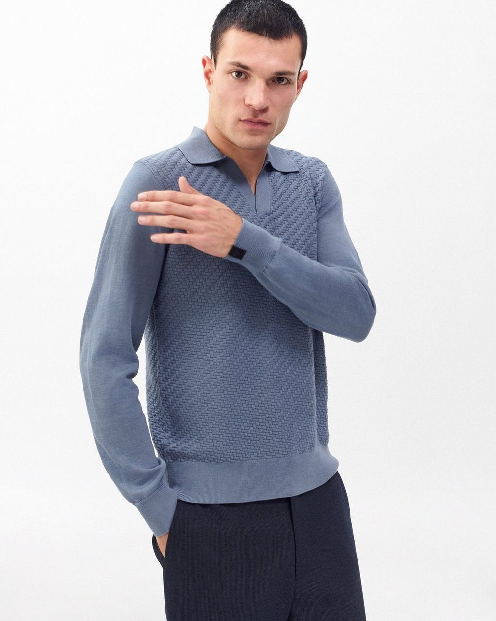 Charles Johnny Collar Wool Polo - Blue