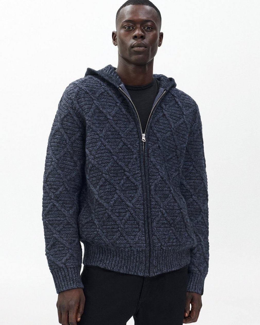 Cable-Knit Full-Zip Hoodie - Navy Multi