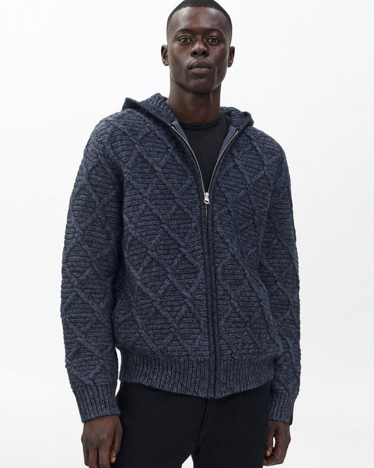 Cable-Knit Full-Zip Hoodie - Navy Multi