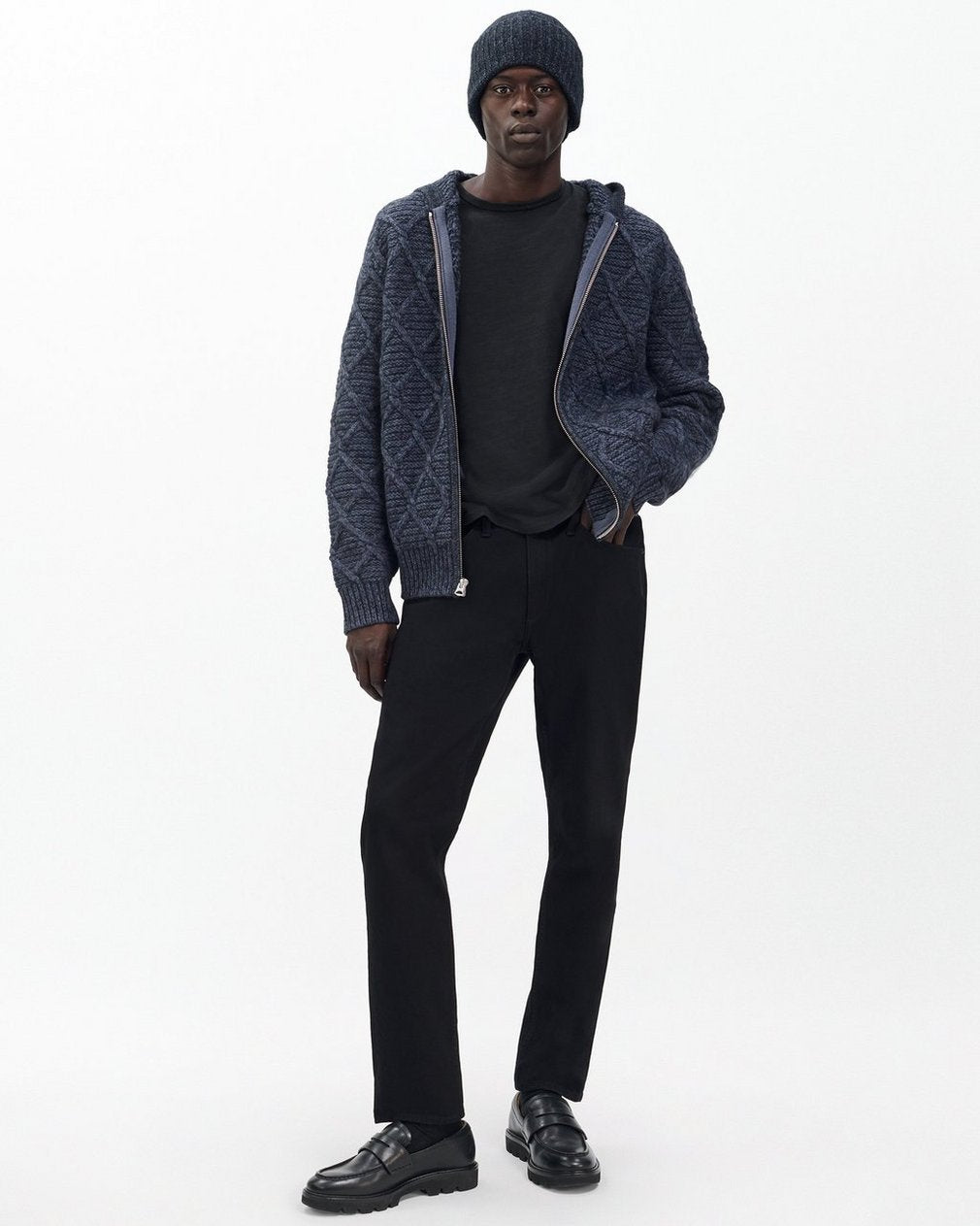 Cable-Knit Full-Zip Hoodie - Navy Multi