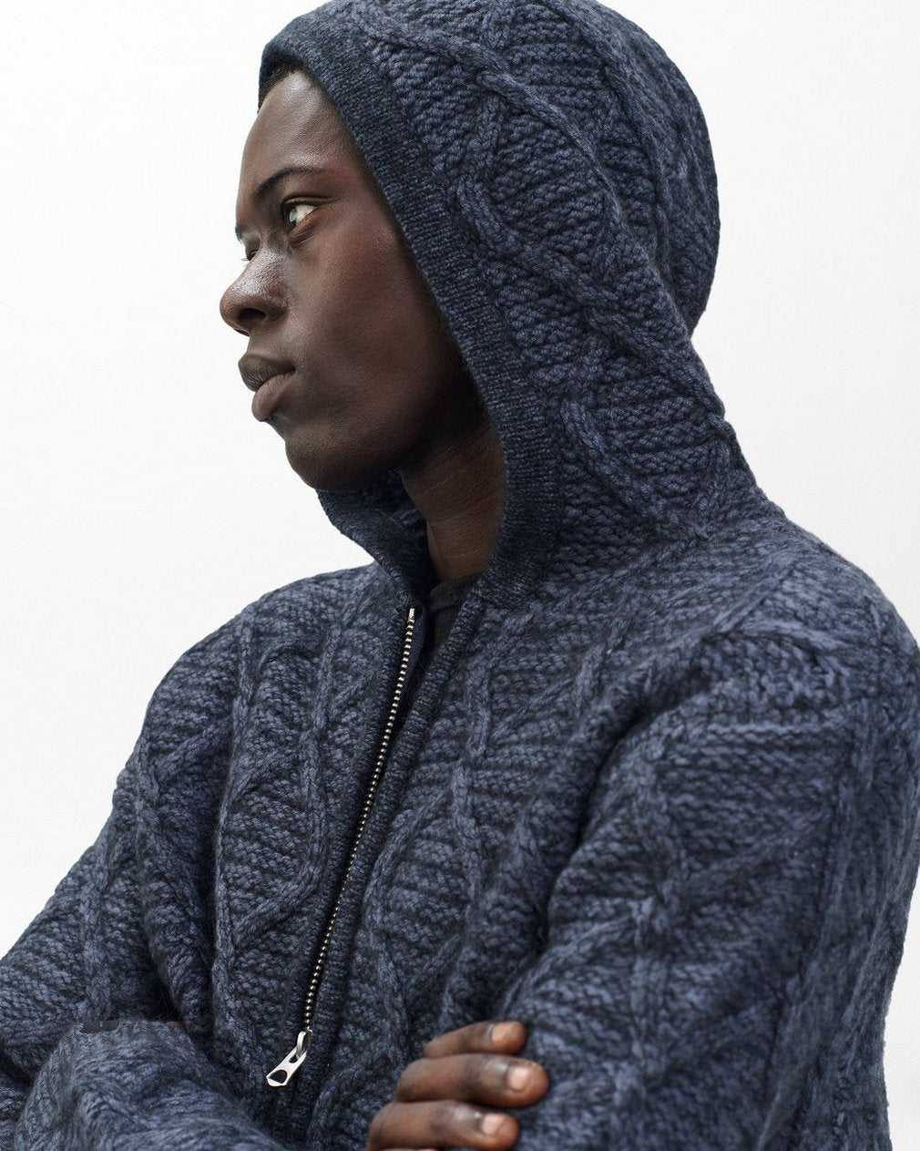 Cable-Knit Full-Zip Hoodie - Navy Multi