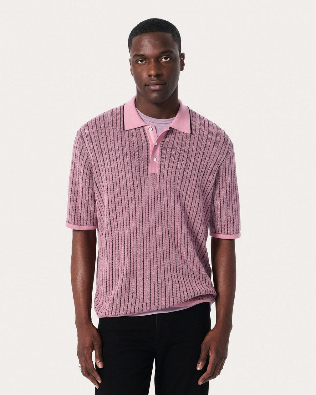 Harvey Striped Knit Polo Shirt - Grape