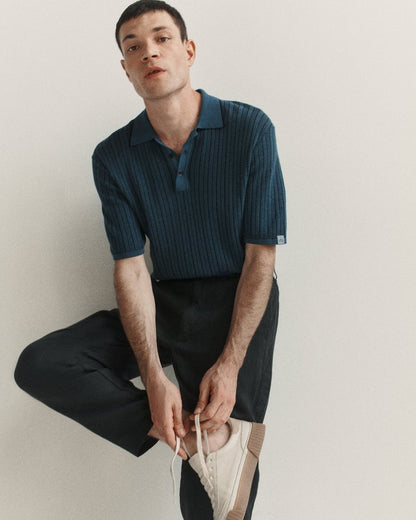 Harvey Striped Knit Polo Shirt - Moonlight