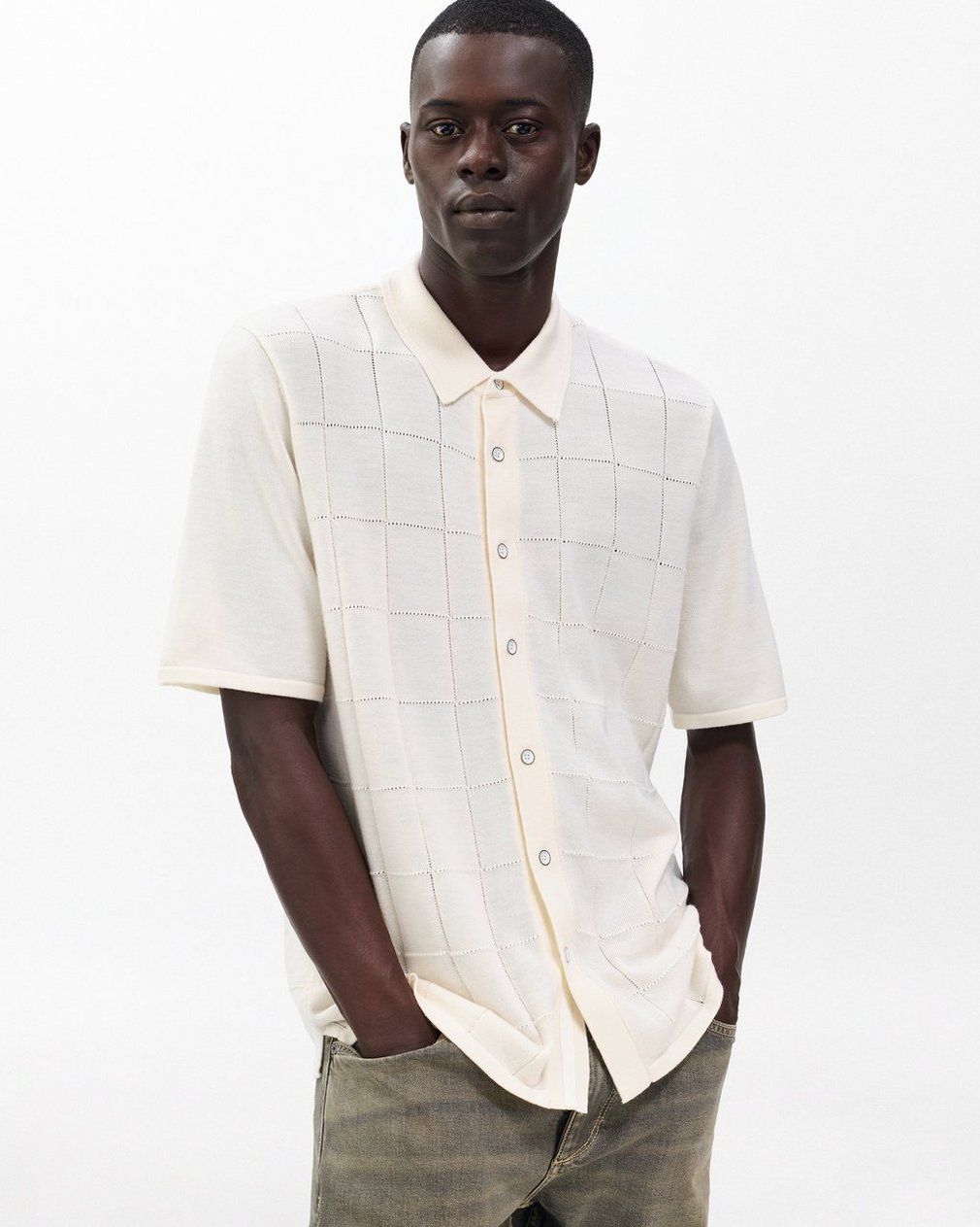 Dalton Windowpane Knit Shirt - Ivory
