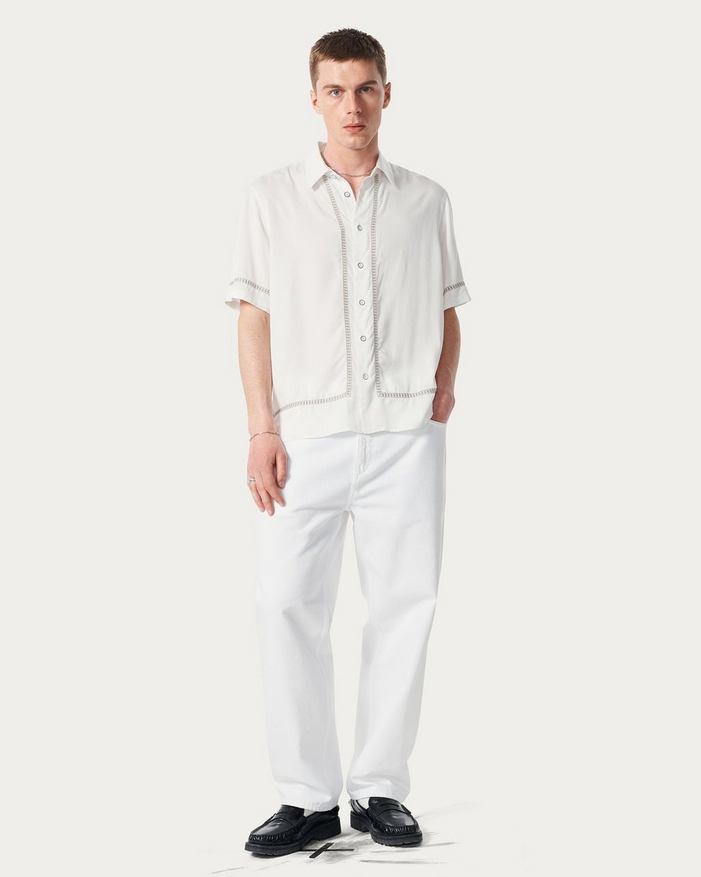 Dalton Embroidered Shirt - White Ezra Stripe