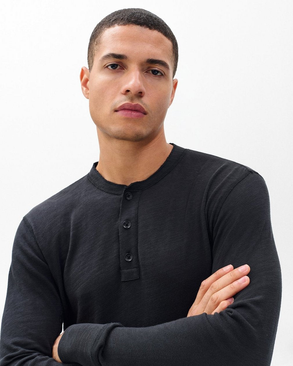 Classic Long-Sleeve Crewneck Henley in Black