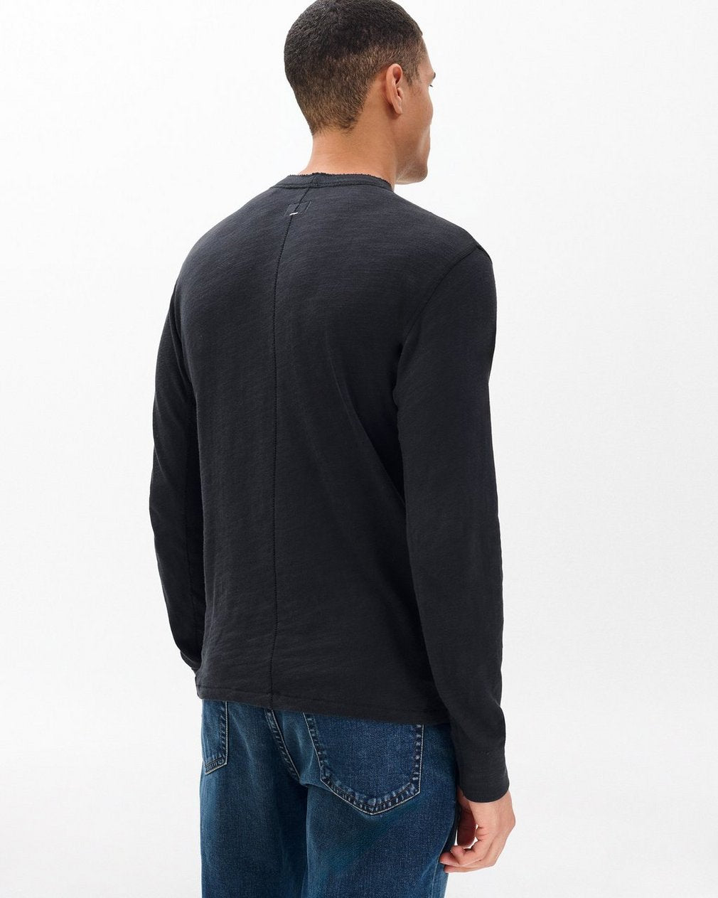 Classic Long-Sleeve Crewneck Henley in Black