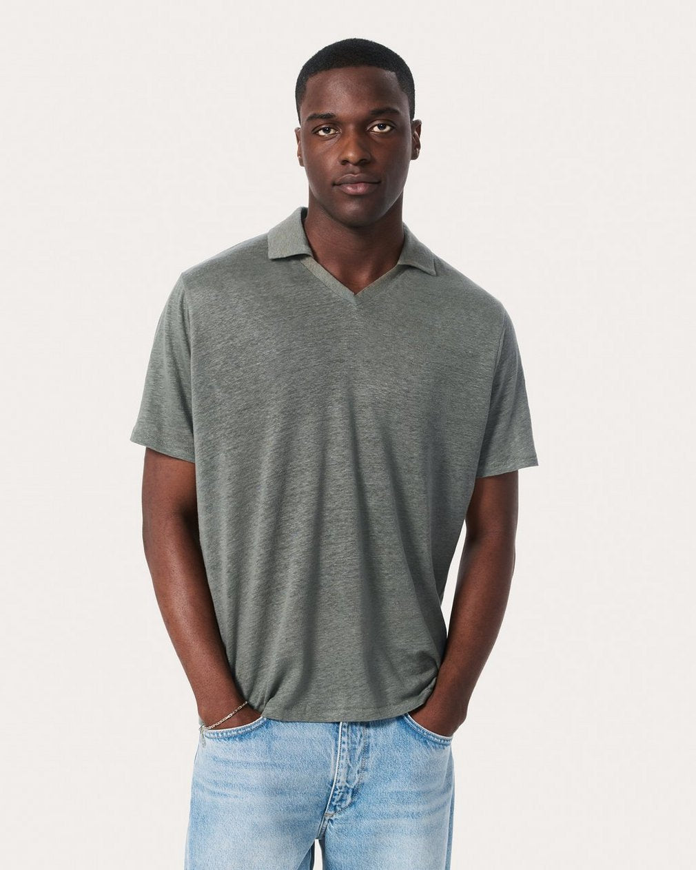 Linen Johnny Collar Polo - Pavement